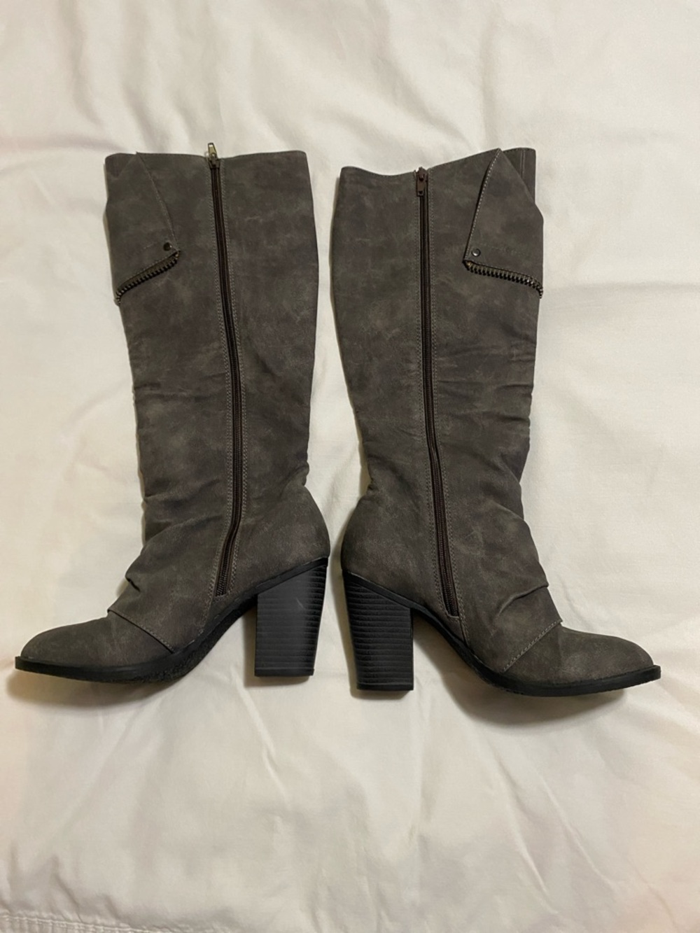 Not Rated Gray Mid-Calf Stacked Heel Boots with Side Zipper Detail